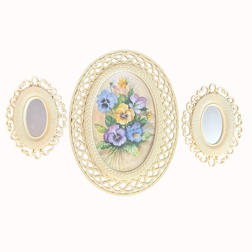 Vintage Chic Wall Art Mirror Set Oval Filigree Pansy Floral Cottage Granny Core